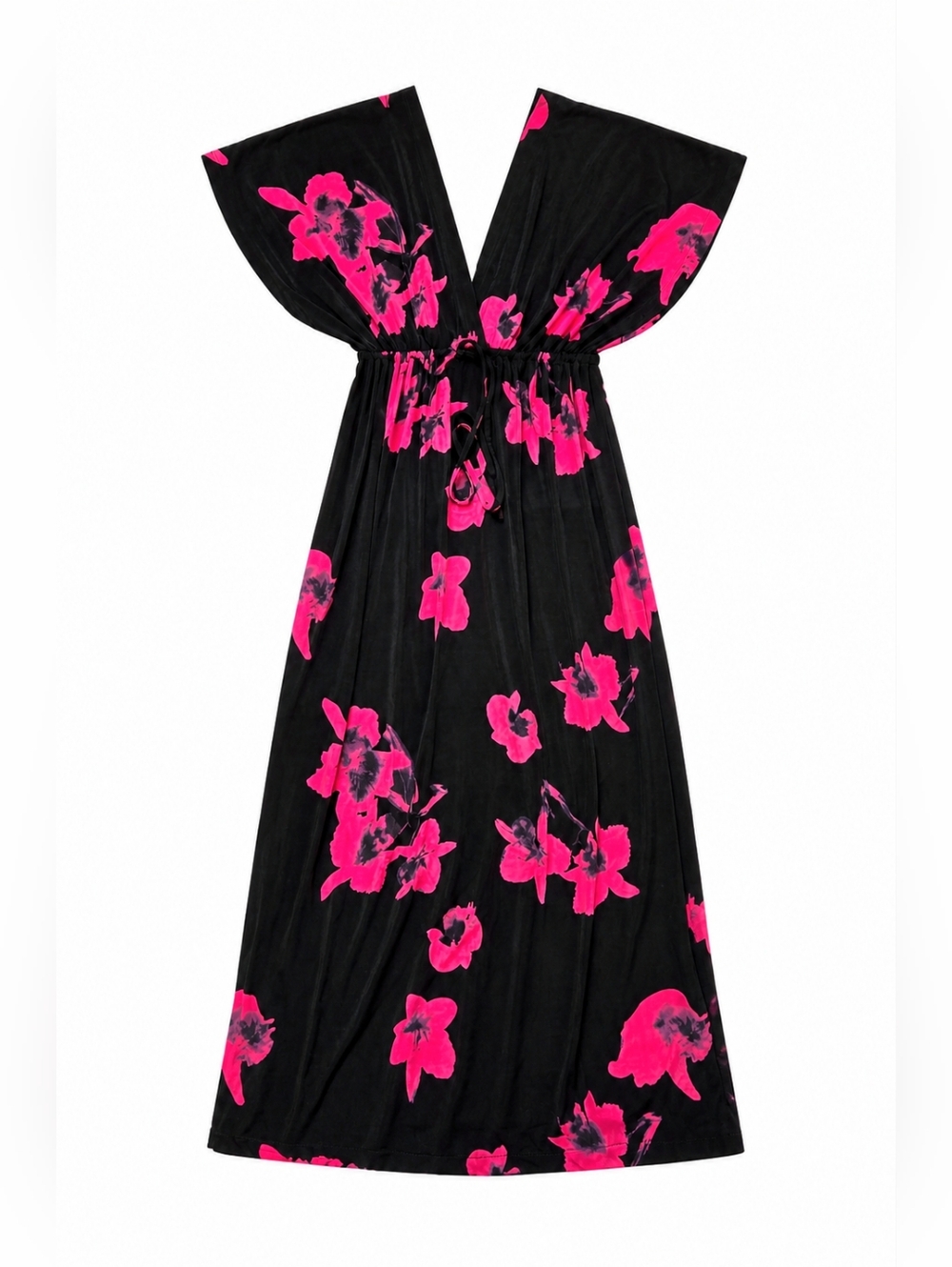 KOH KOH Black Pink Floral Maxi Dress Empire Waist Flowy Stretch Medium